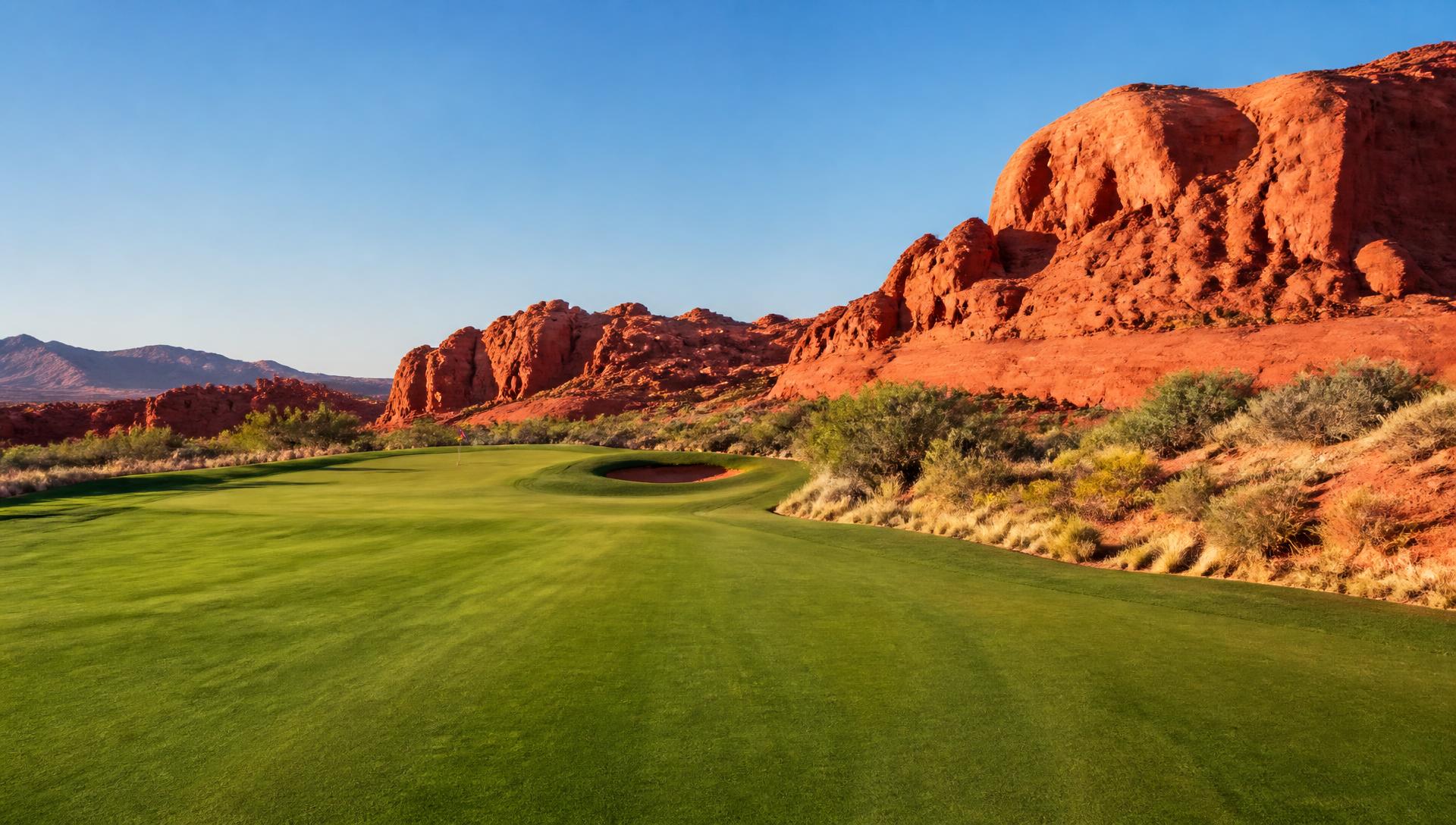 Sand Hollow golf course fairway framed by red rock cliffs at sunset